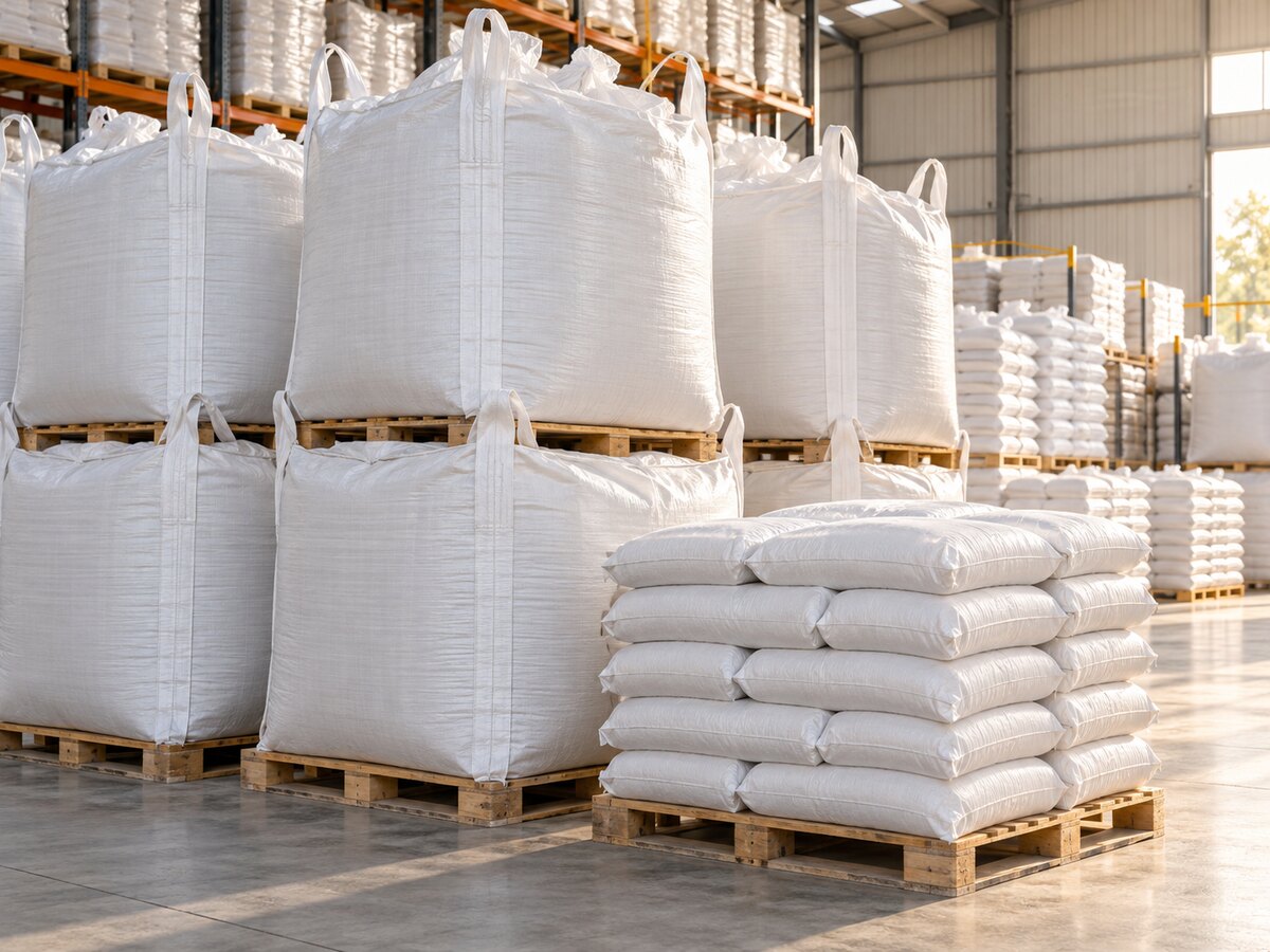 25 kg bags and 1-tonne jumbo bags stacked on pallets